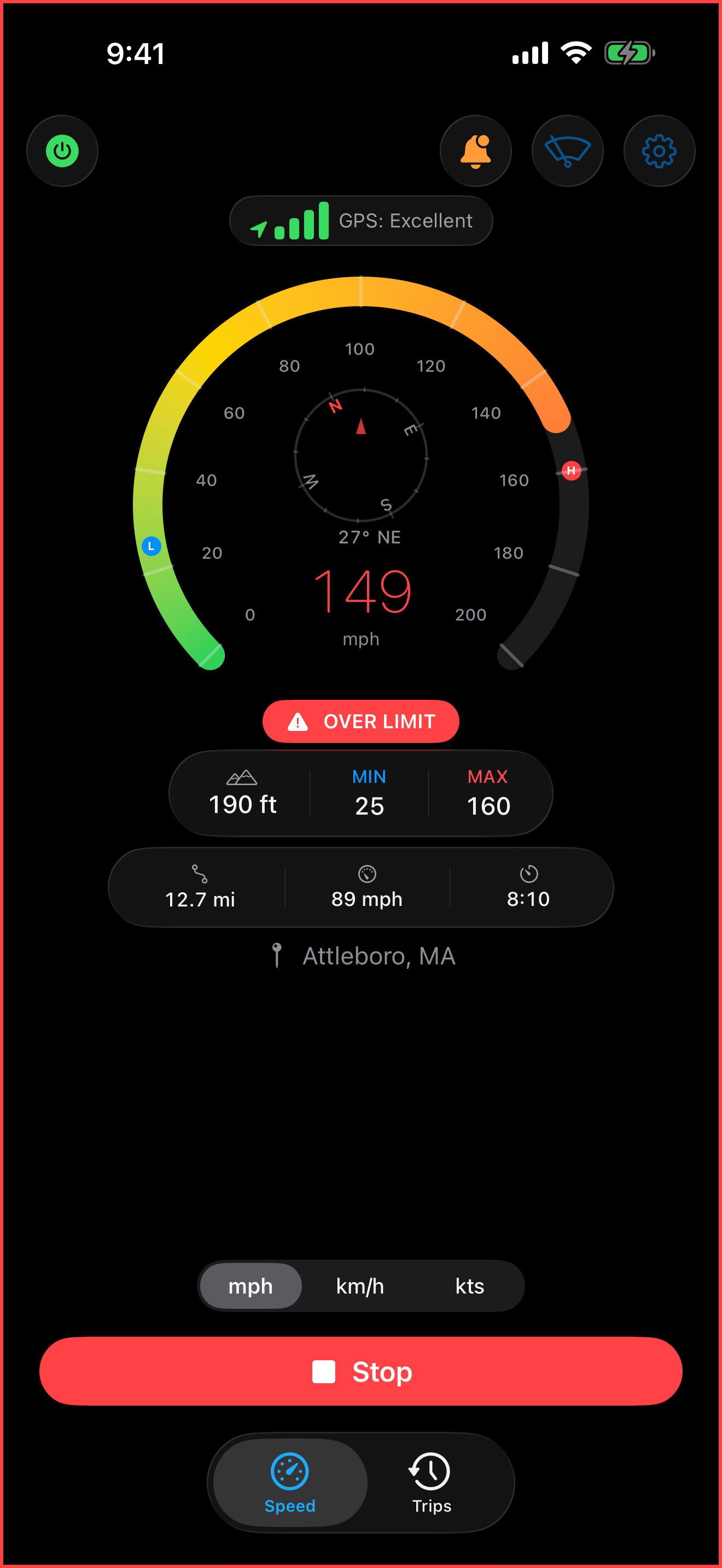 Velocita gauge view — analog speedometer with green-to-red arc, compass ring, current speed 73 mph, GPS Excellent indicator, and live trip stats including altitude, min, max, distance, and elapsed time
