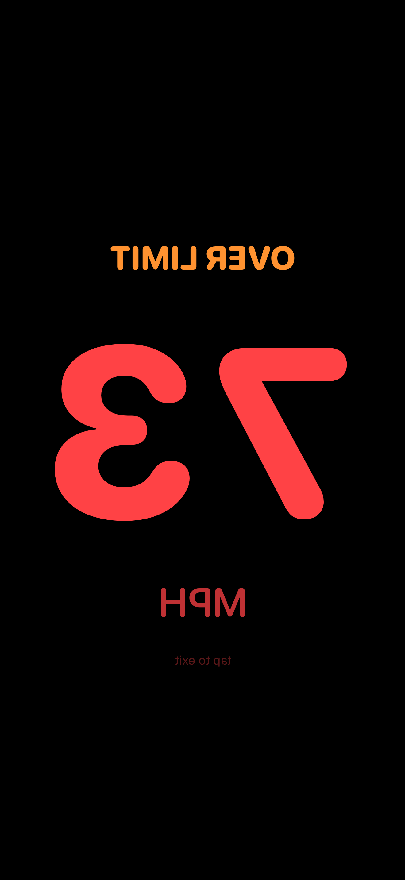 Velocita windshield HUD — mirrored red numerics on a pure-black screen, showing 77 mph with an over-limit indicator