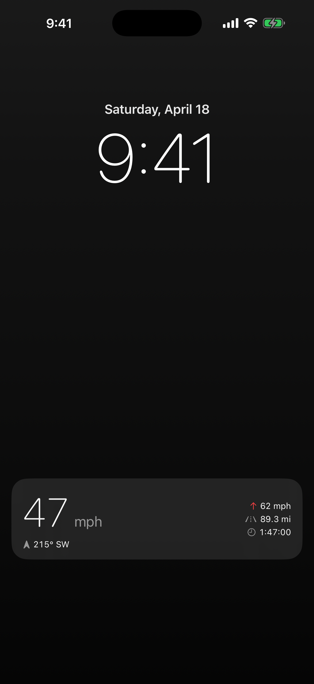 Velocita Live Activity pinned to the iPhone Lock Screen, showing 71 mph with heading and over-limit indicator, plus max 78 mph, 8.6 miles, and elapsed time 07:04