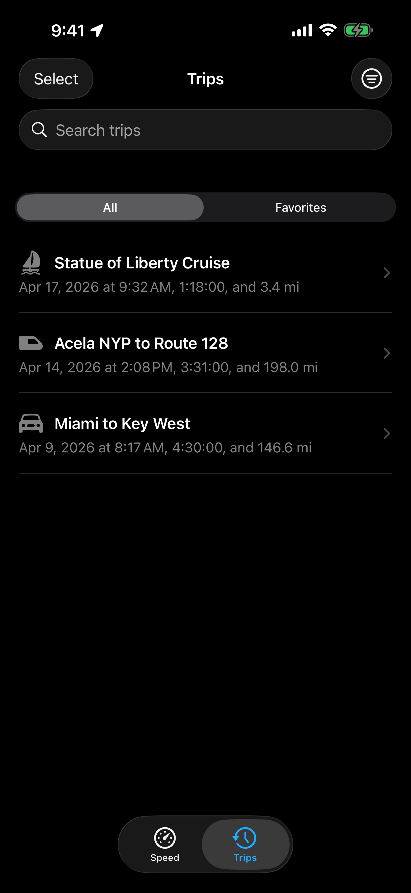 Velocita trip history list with saved trips, showing dates, durations, distances, and route preview thumbnails